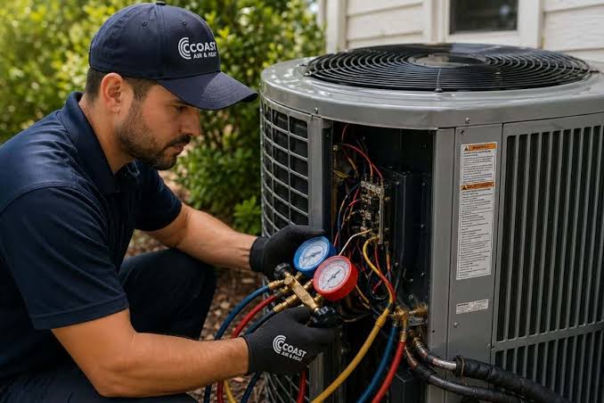 HVAC technician servicing a residential outdoor air conditioning system